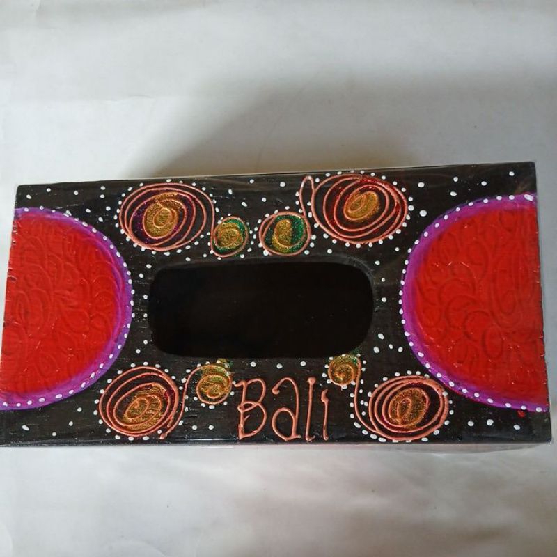 kerajinan kayu kotak wadah tempat kotak tisu tissue lukis tutul handmade bali