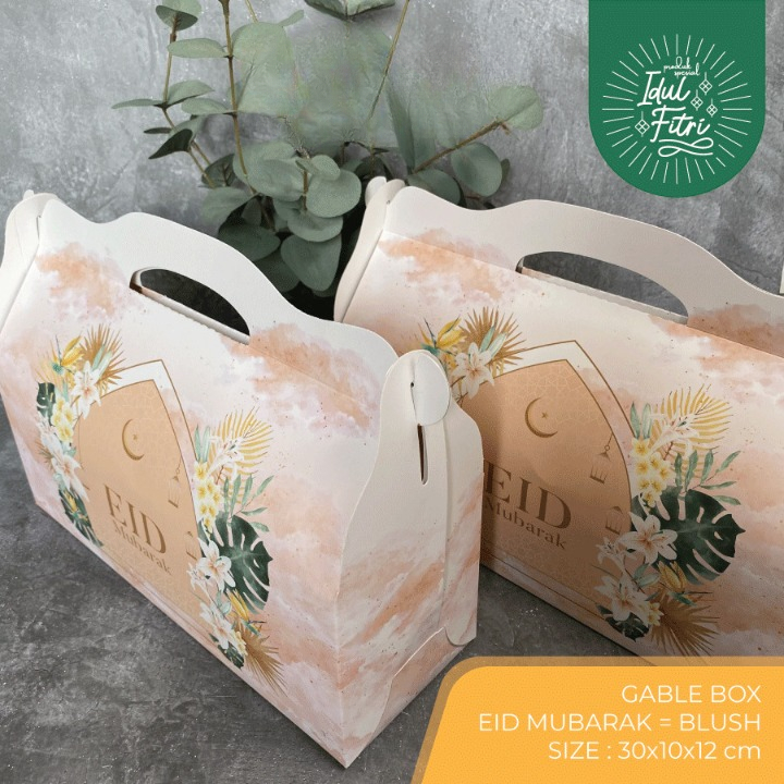 

10 Pcs Gable Box Hampers Lebaran Edisi Eid Mubarak Material Ivory 270gr Ukuran 30x10x12 cm