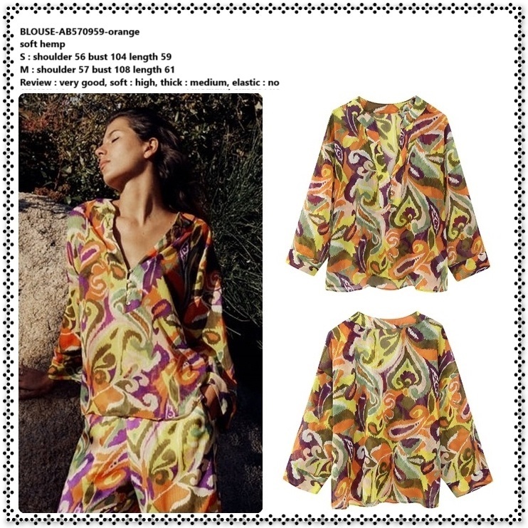 AB570959 Baju Atasan Blouse Retro Etnik Lengan Panjang Wanita Korea Import Orange Oren Oversize Jumb