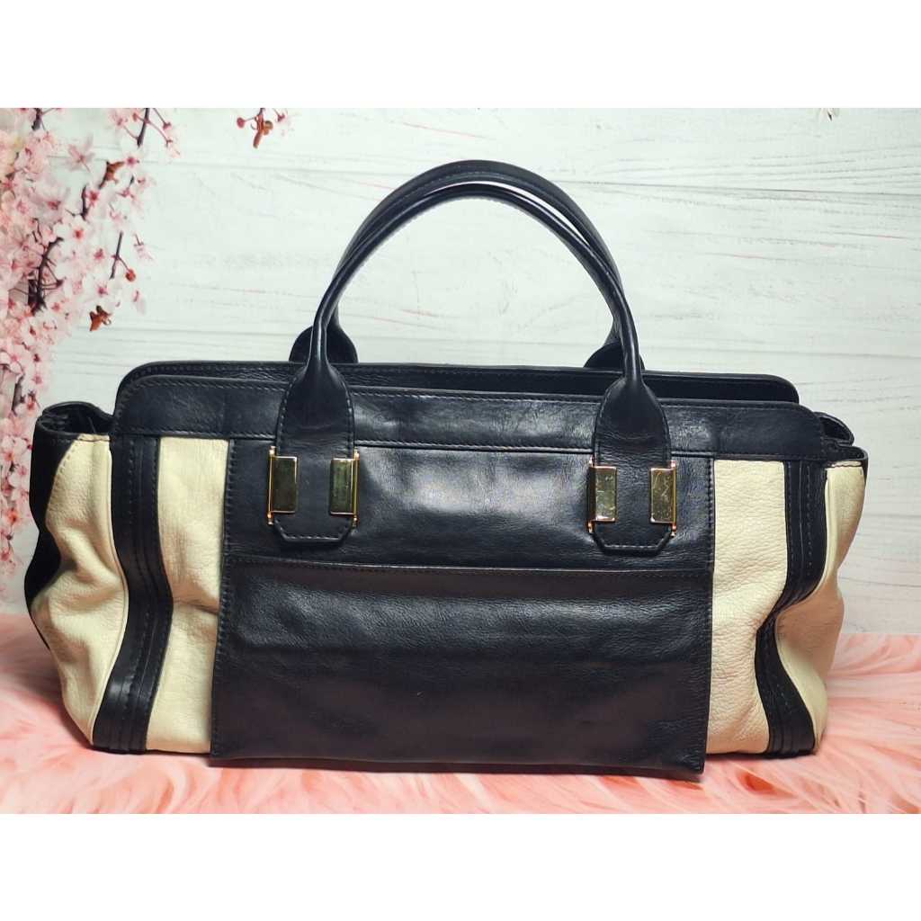 TAS CHLOEE** Alice Satchel Genuine Leather in White Black PRELOVED