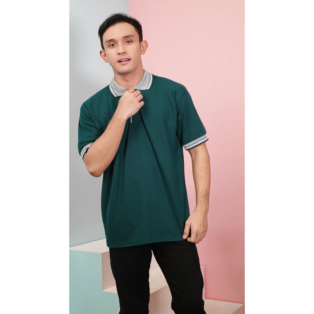 Kaos Polo / Poloshirt / Kerah Kancing 2 / Hijau botol Kerah Abu / Lengan Pendek COD / Bordir Sablon