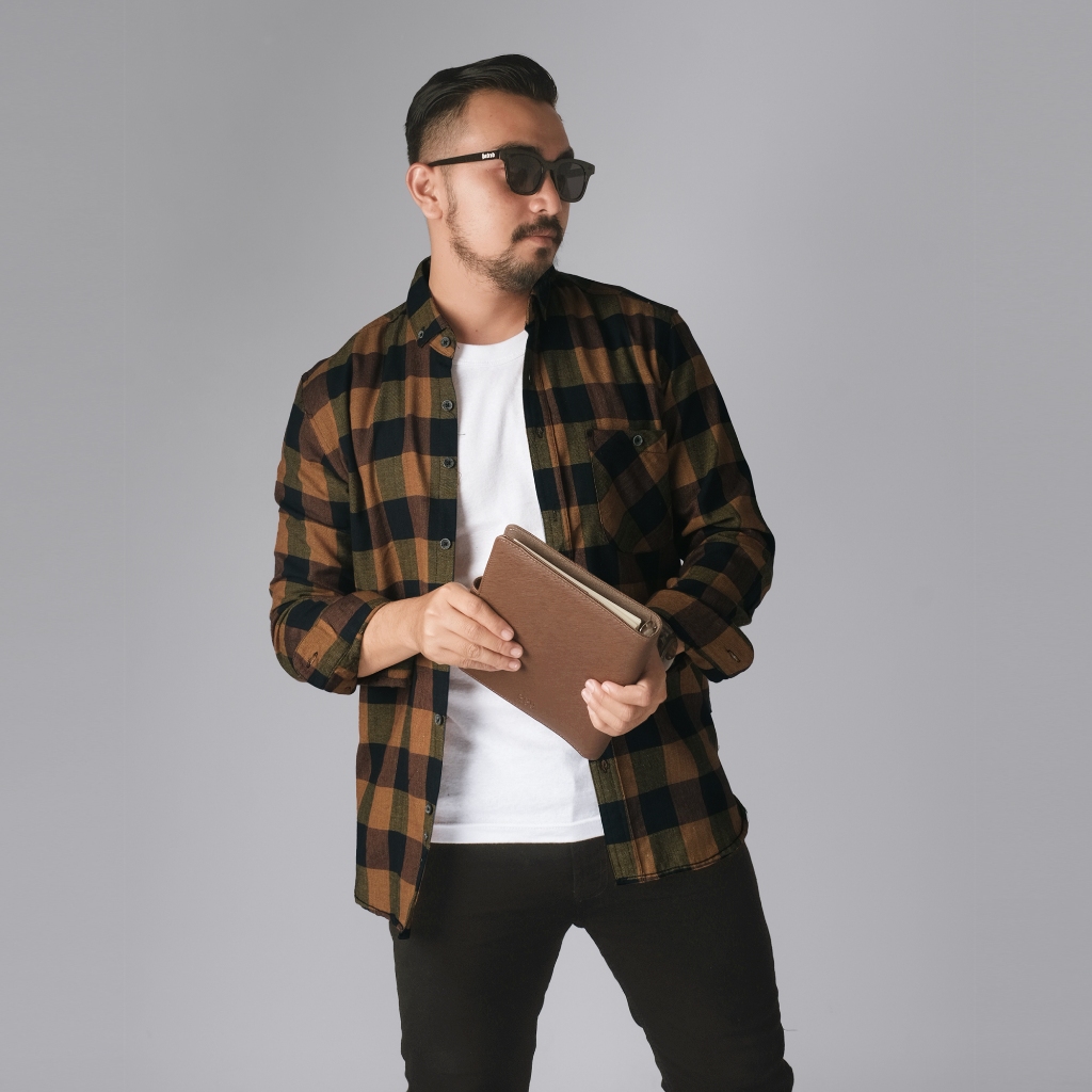 DGM Kemeja Pria Flanel Panjang Premium Kotak Kotak Kemeja Flanel Kuning - Hitam 2662