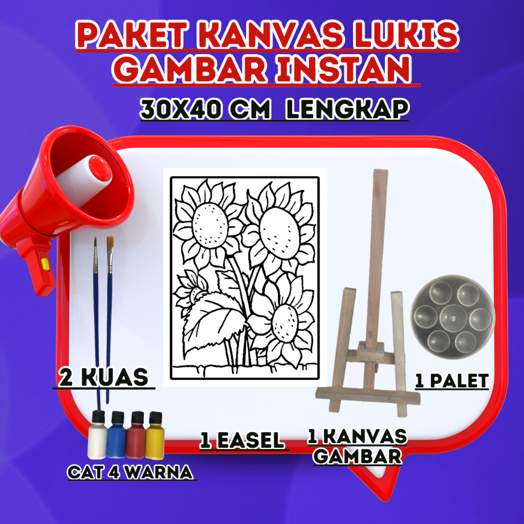

Paket Kanvas Lukis instan 30x40cm gambar lengkap cat, kuas, palet, dan easel