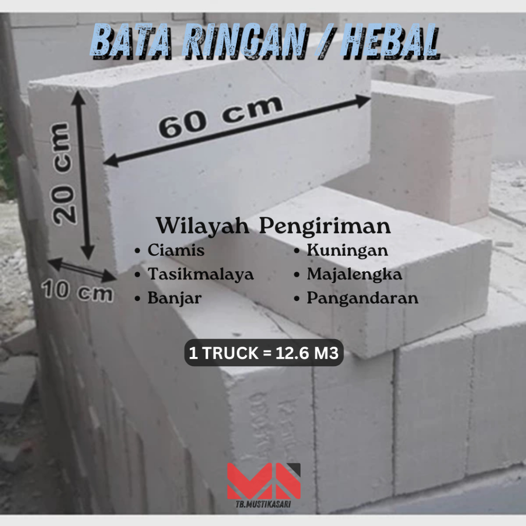 Bata Ringan Hebal SNI Hebel Premium 12.6 m3 Premium Ukuran 10x20x60 Cm Wilayah Priangan