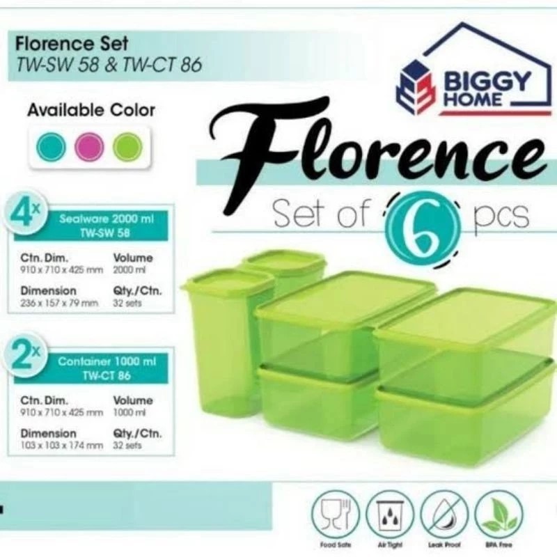 Toples Biggy Florence Sealware 6 Set / 2Botol/Container 1000Ml Dan 4 Sealware 2000Ml