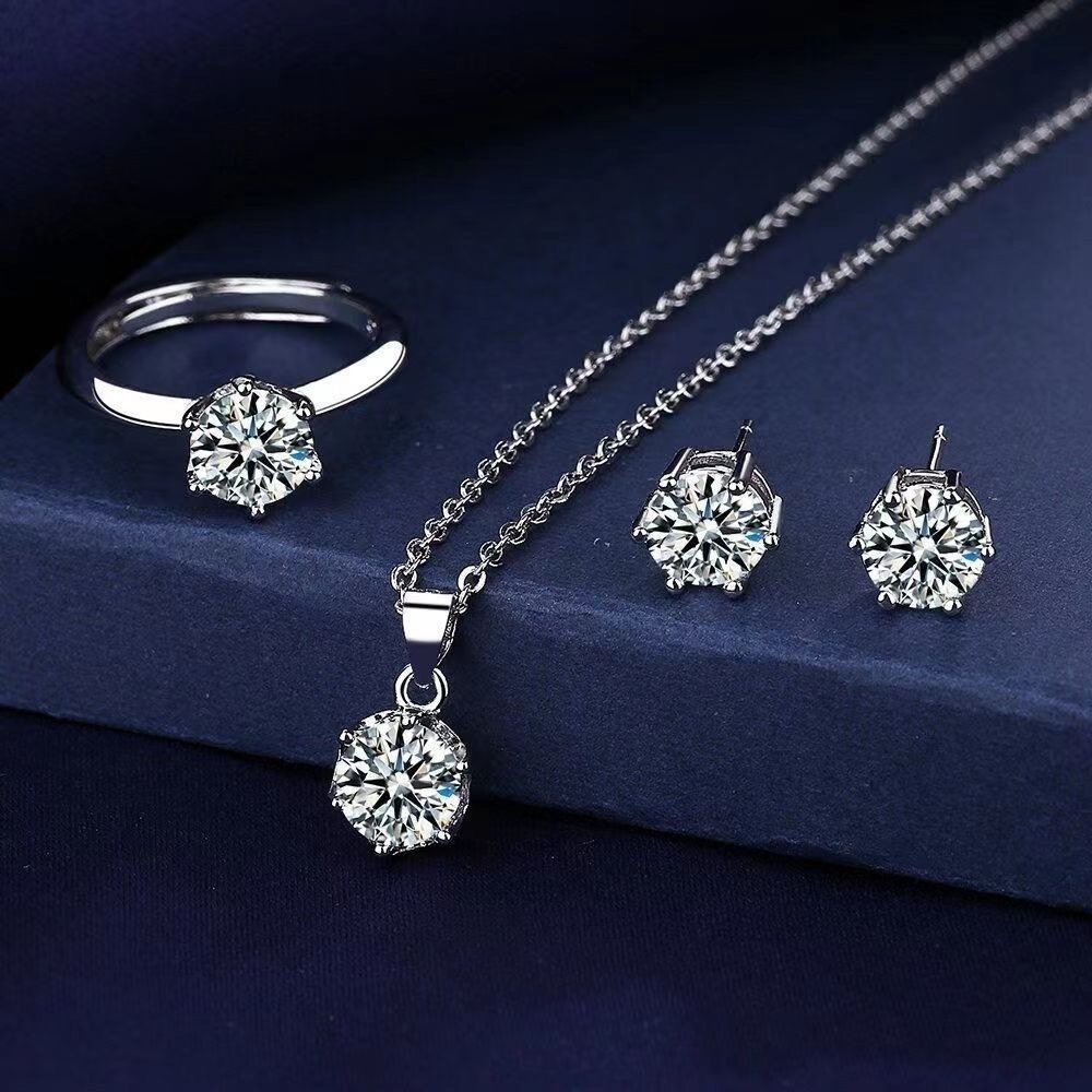 Perhiasan 1 Set Cincin Wanita Kalung Wanita Anting Wanita Permata Adjustable Moissanite Set 3 Akseso