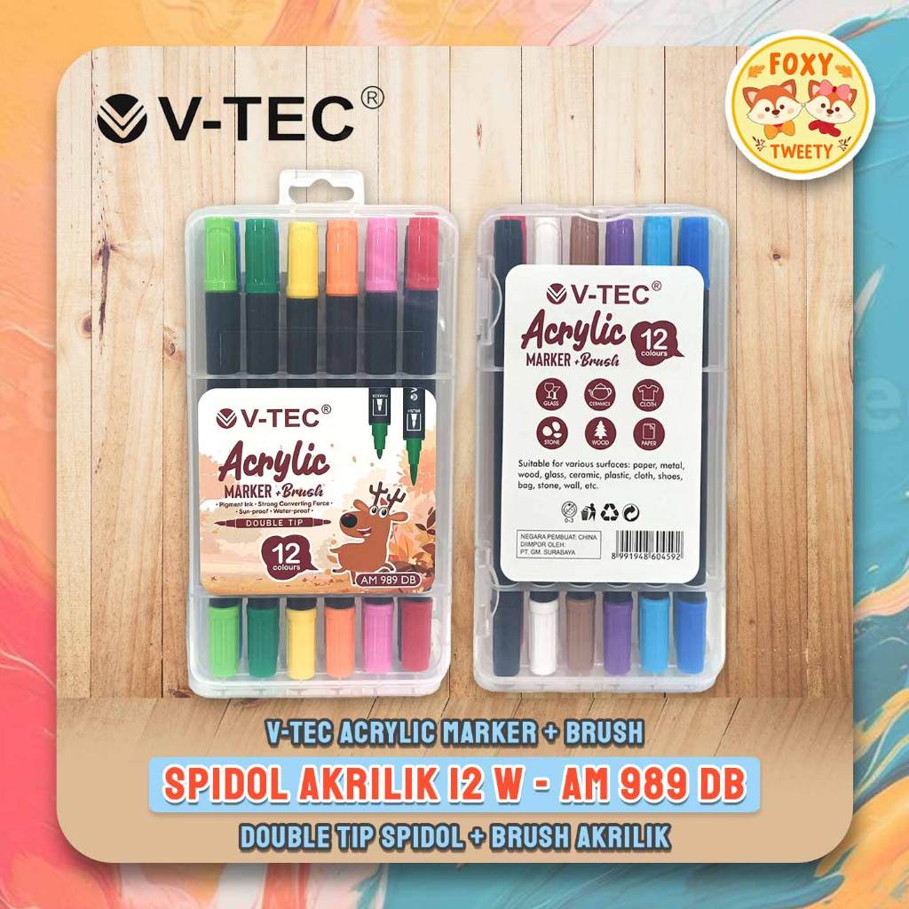 

V-TEC Acrylic Marker + Brush PEN AM 989 DB / 12 Colour - Double Tip VTec / Cocok untuk berbagai macam permukaan - VTEC Spidol + Brush Akrilik Brush Pen 2