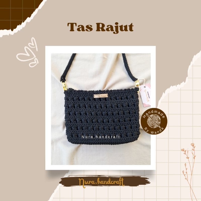 Tas Rajut Motif Utpad | Tas Rajut Selempang Wanita | Tas HP | Crochet Bag - Hitam