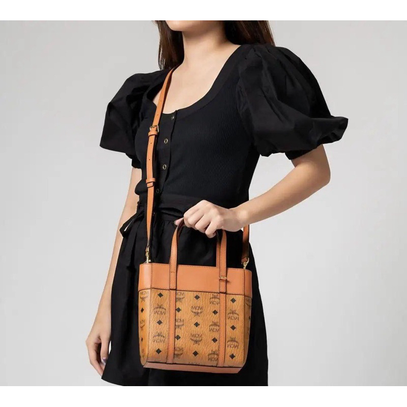 MCM Mini Aren Top Zip Tote Crossbody Bag Cognac