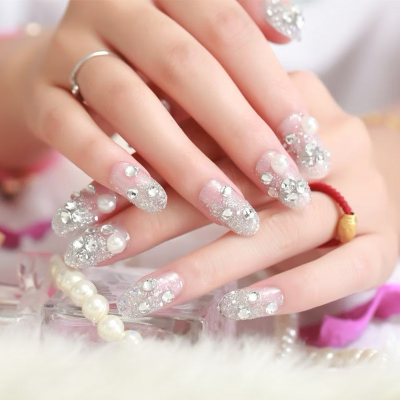 Kuku Palsu Glitter Silver Mutiara Bulat