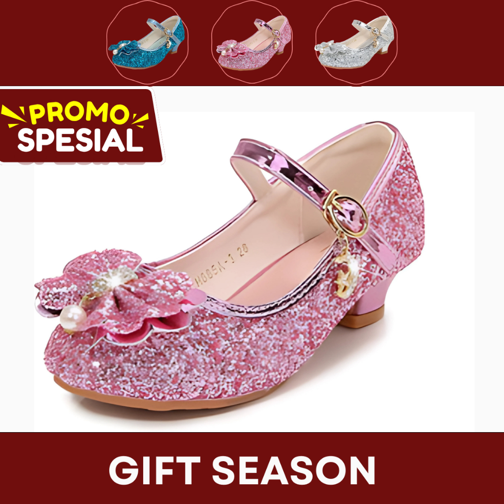 PREMIUM Heels Pink Biru Silver Gold  SEPATU PESTA HEELS PRINCESS GLITTER ANAK PEREMPUAN  SEPATU HIGH