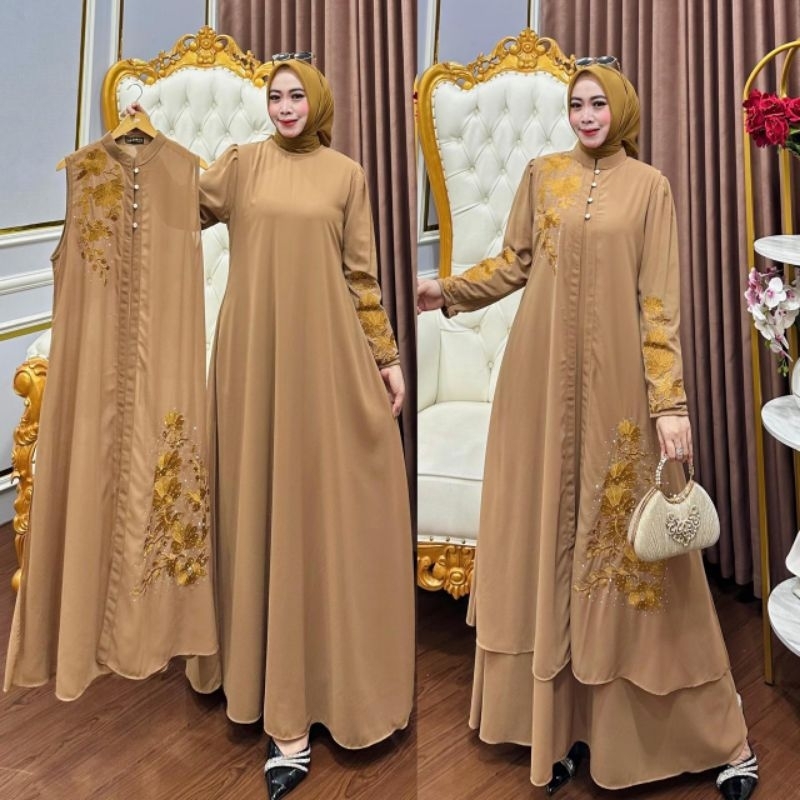 Anissa gamis set outer, gamis ceruty babydoll, gamis bordir bunga