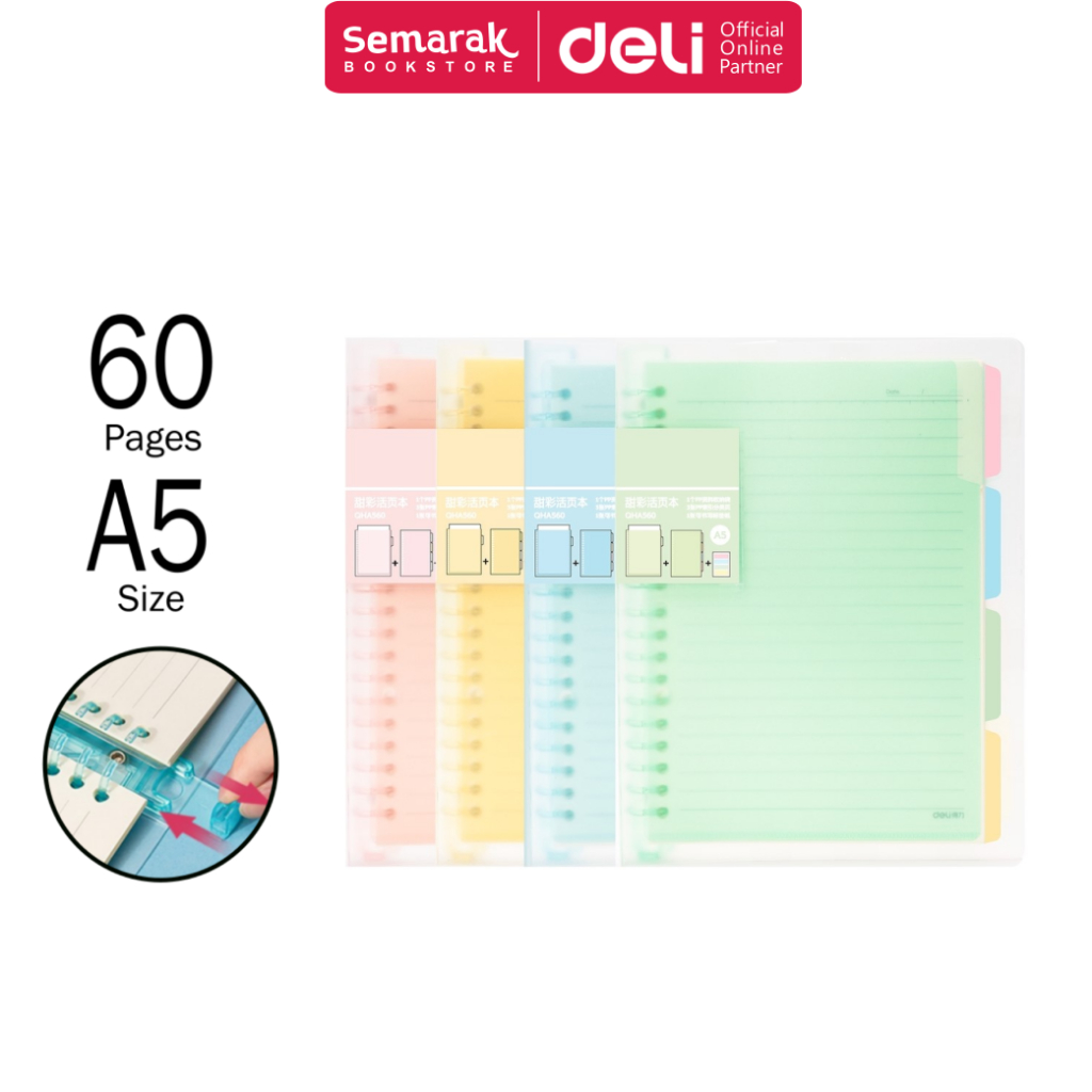 

Deli QHA560 Loose Leaf Notebook Binder Warna Pastel Dengan Pembatas A5 - Pink / Green / Blue / Yellow [1 Buku @ 60 Lembar]