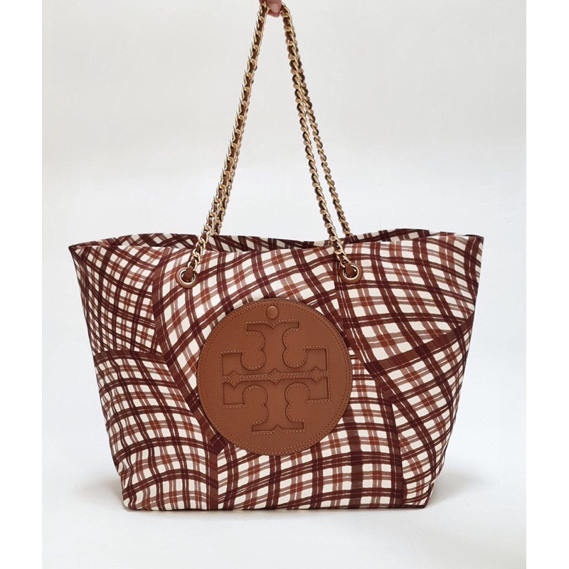 TB ELLA PRINTED CHAIN TOTE BROWN WARPED GINGHAM ORIGINAL 32/48x29x1