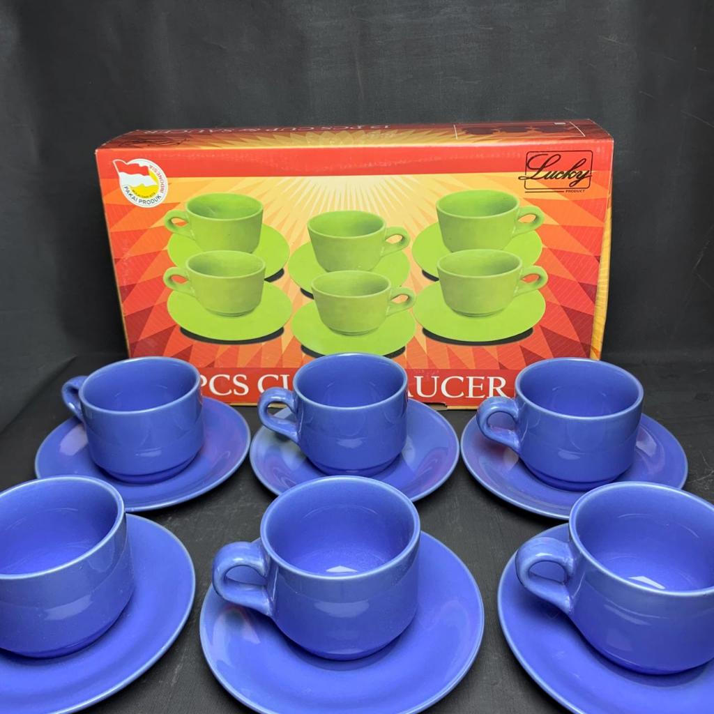Set Cangkir Keramik Cup Saucer Lucky Isi 12 / Cangkir Kopi Teh / Cangkir Set Lepek