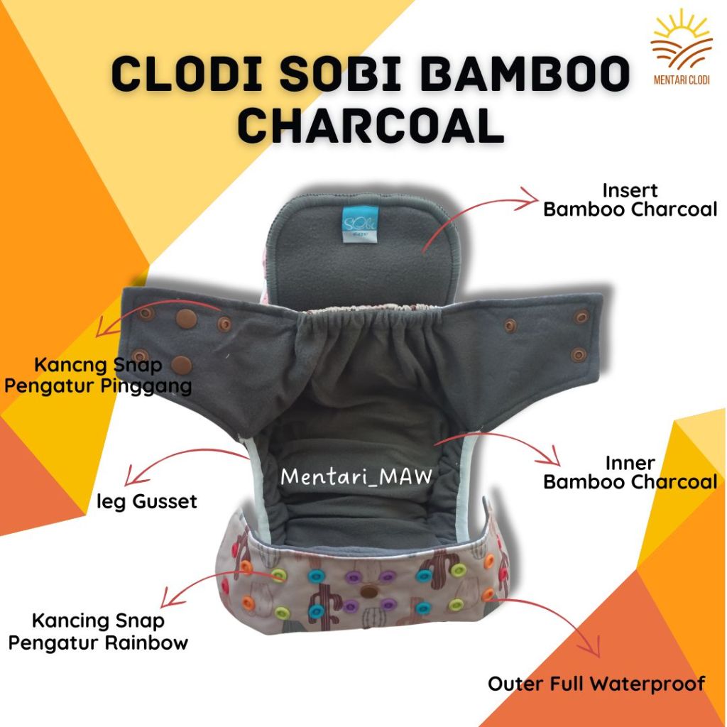 RB22 Clody Sobi Bamboo Charcoal Clodi Sobi Pocket Popok Kain Bayi Cuci Ulang Waterproof Cloudy
