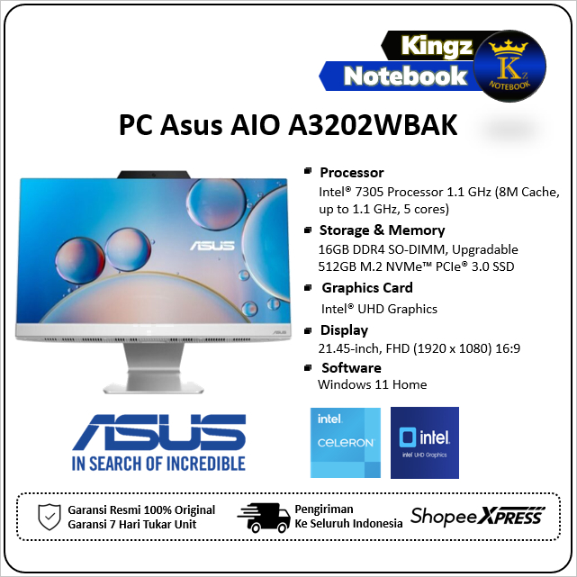 Asus AIO A3202WBAK Celeron 7305 16GB 512GB Win11 21,5" FHD