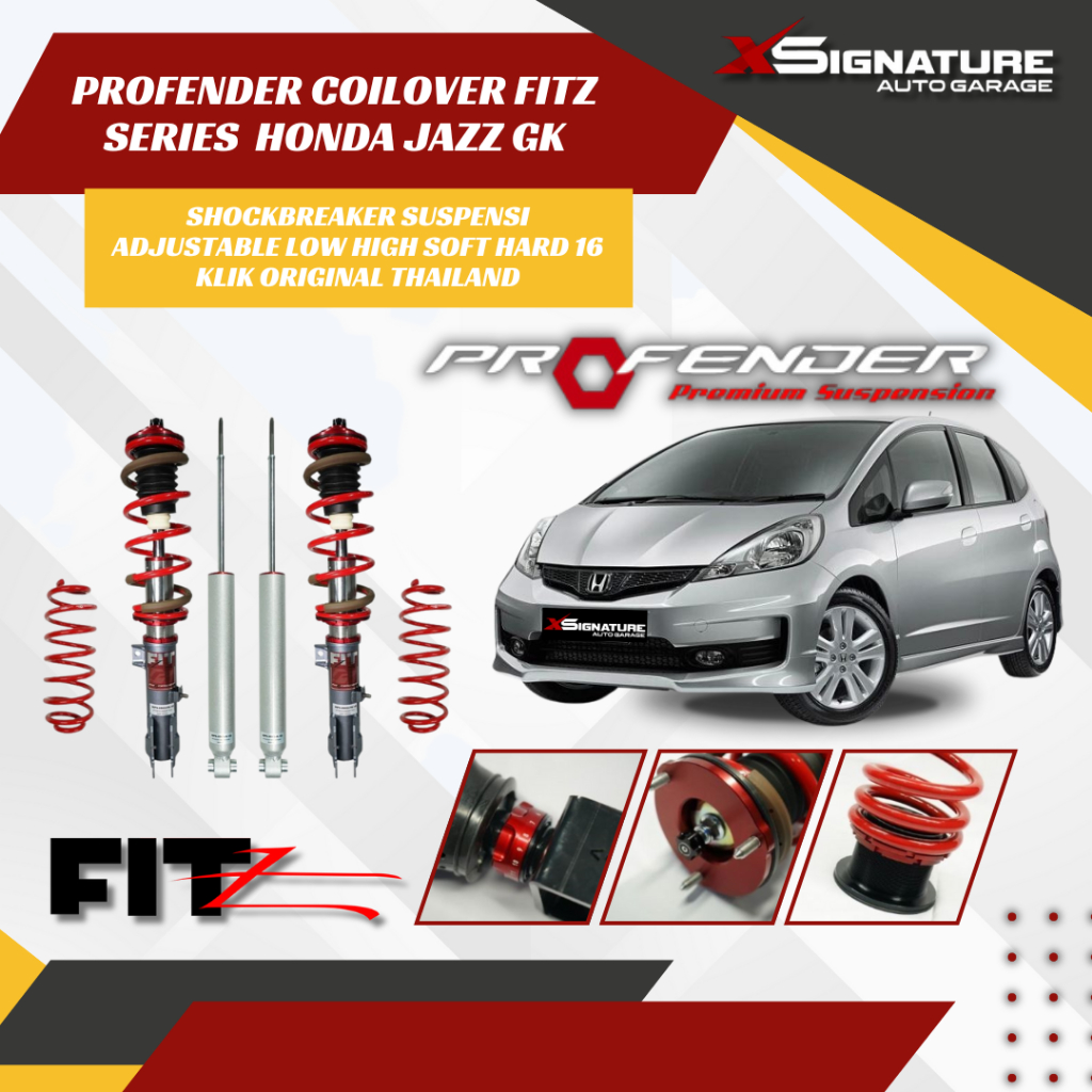 PROFENDER COILOVER FITZ SERIES HONDA JAZZ GK SHOCKBREAKER SUSPENSI ADJUSTABLE LOW HIGH SOFT HARD 16 