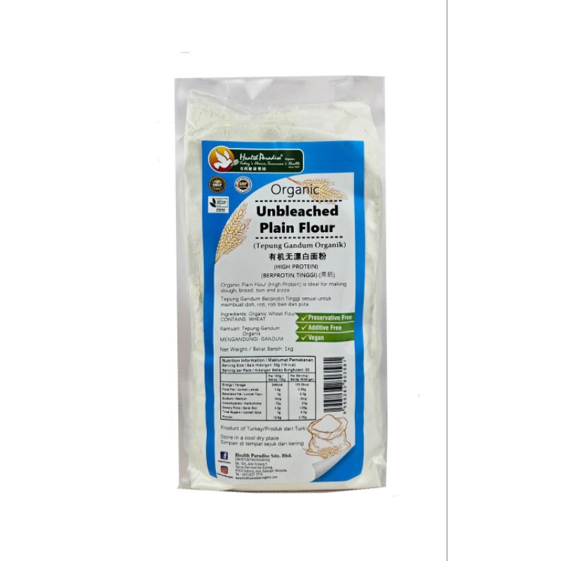 

Health Paradise Organic Unbleached Plain Flour (High Protein)/Tepung Terigu Organik Protein Tinggi 1kg