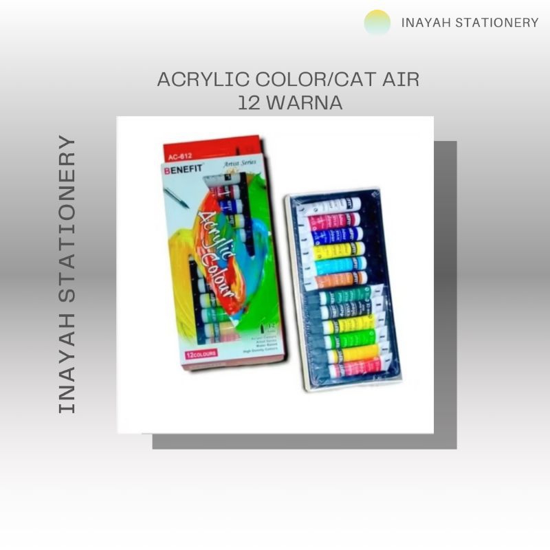 

ACRYLIC COLOR/CAT AIR DENGAN 12 WARNA BONUS 1PCS KUAS LUKIS MEREK BENEFIT Stationery