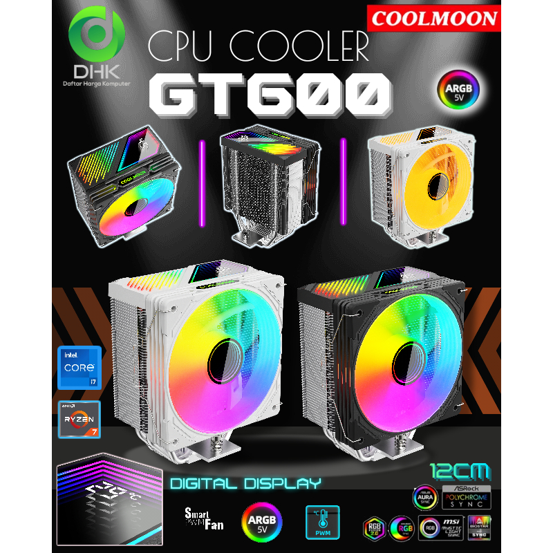 COOLMOON CPU COOLER GT600 ARGB DIGITAL TEMPERATUR DISPLAY FAN PROSESOR