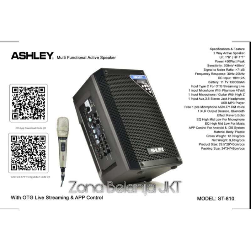 SPEAKER PORTABLE ASHLEY ST 810 8 INCH 450 WATT AKTIF MULTIFUNGSI SPEAKER USB BLUETOOTH GARANSI ORIGI