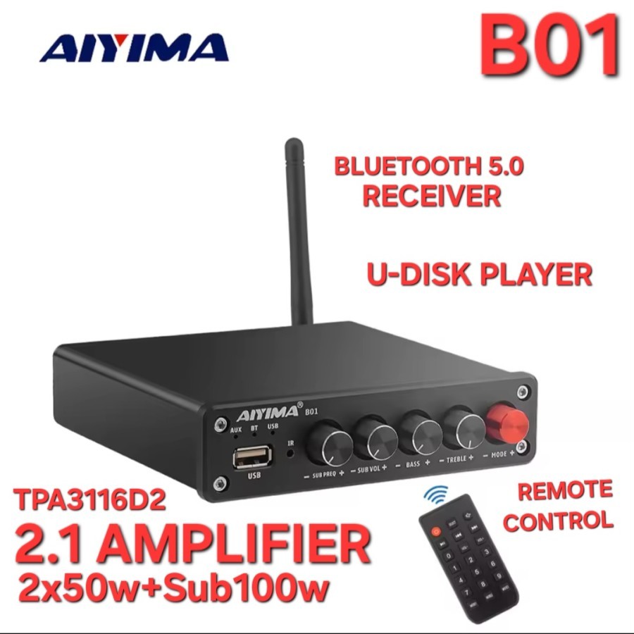 AIYIMA B01 Class D 2.1 Amplifier TPA3116D2 2x50w+Sub100w U-Disk