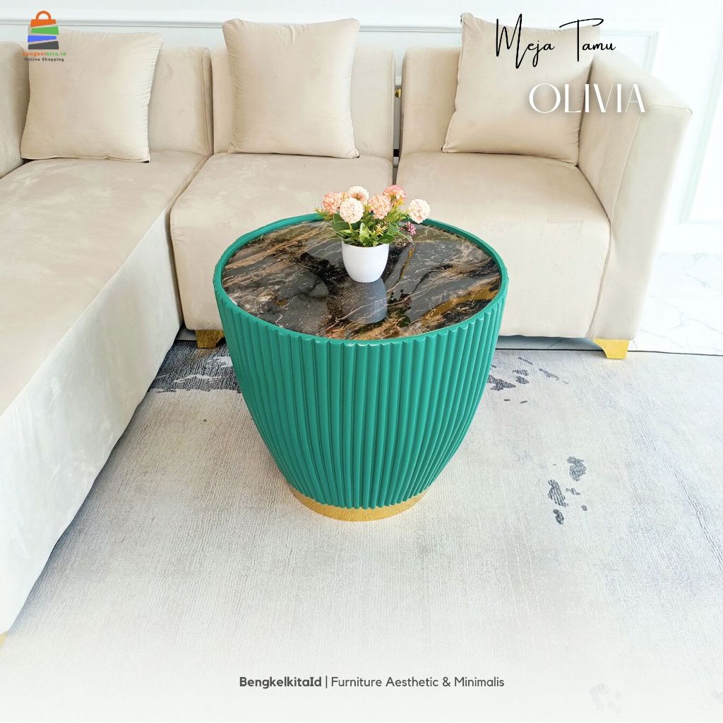 Meja Olivia Meja Tamu Bulat Aesthetic Minimalis / Coffee Table Sofa Mewah Kayu Solid Cat Duco Glossy