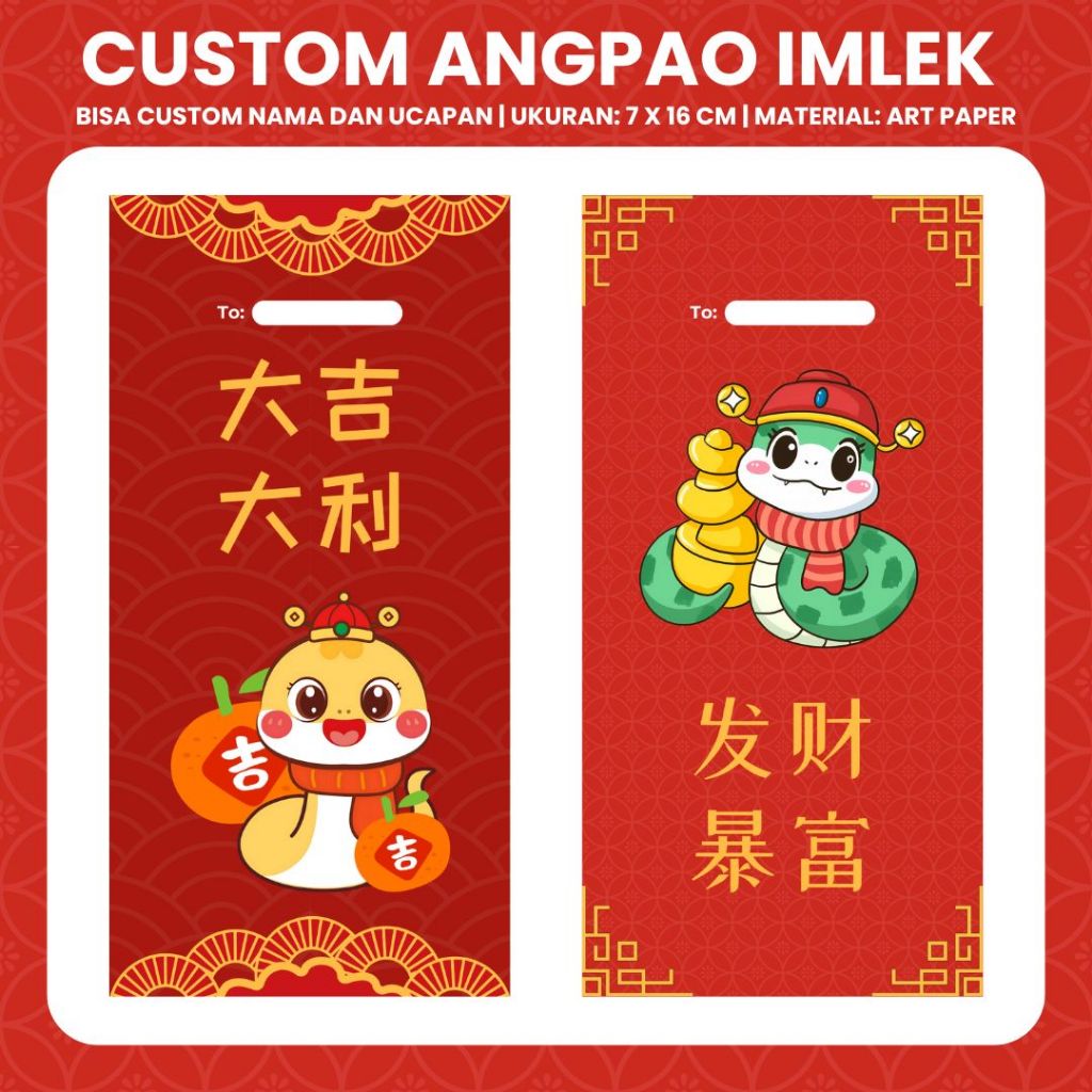 

Custom Angpao Imlek 2025 (MIN. 10 PCS) | Snake Wishes Edition | Bisa Custom Nama dan Ucapan | Angpao Ular CNY | Amplop Sincia