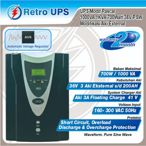 UPS Modif Pascal 1000VA 1KVA 700Watt 36V PSW Modifikasi Charger 10A