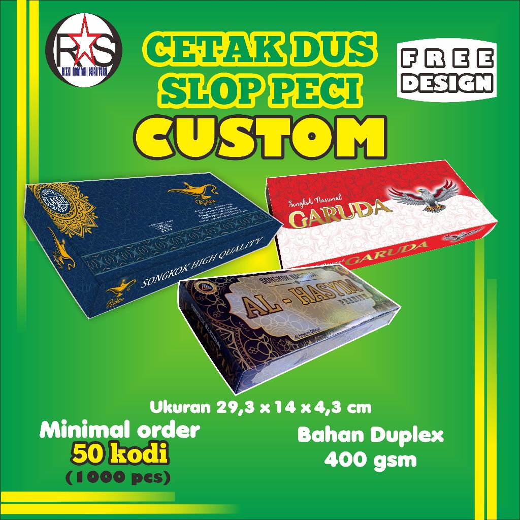 

Dus/Slop-Peci(Harga utk 1000pcs/50 kodi)desain sesuai keinginanmu-Free-Design/sesuai pesanan(bahan-Duplek-400gsm laminasi)