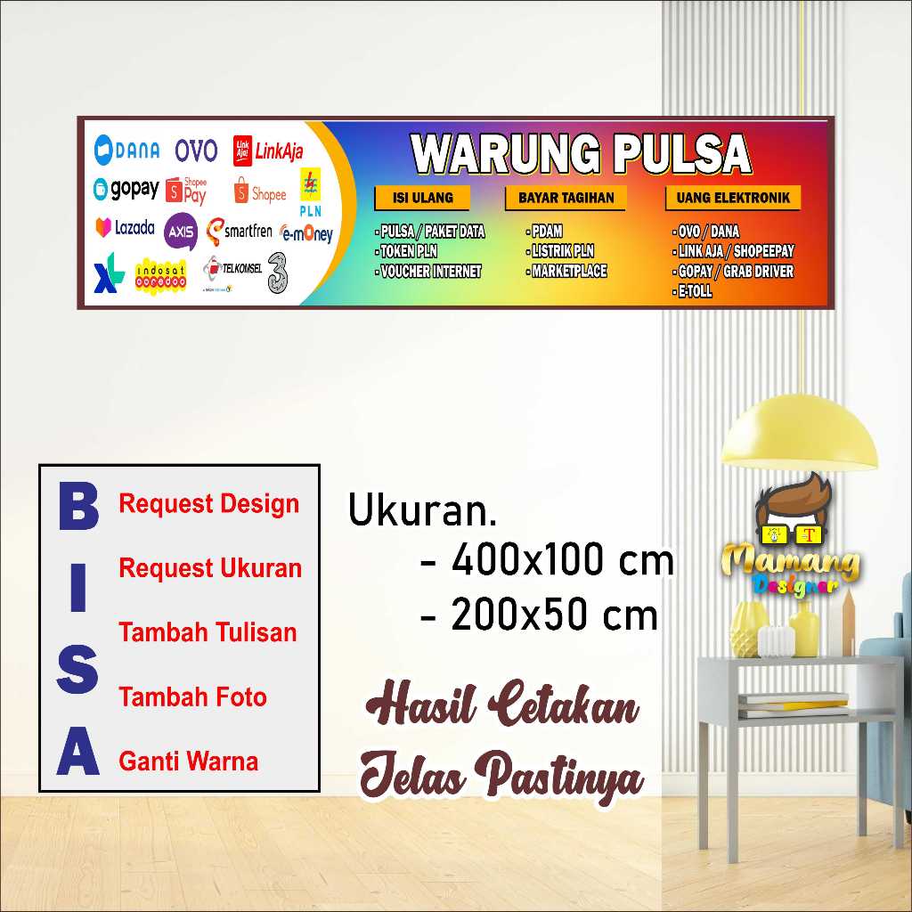 Cetak Spanduk Banner Ukuran 400x100 cm Warung Pulsa Kuat
