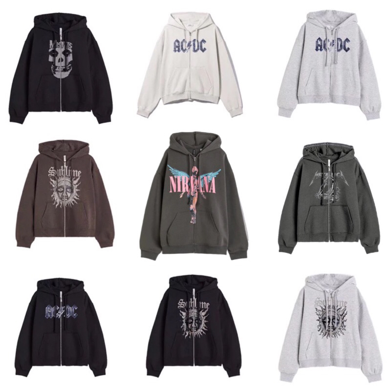 HNM NEW BLACK CREAM NIRVANA METALLICA GREY BOXY HOODIE ZIPPER JACKET MISFITS SUBLIME SWEATER ACDC