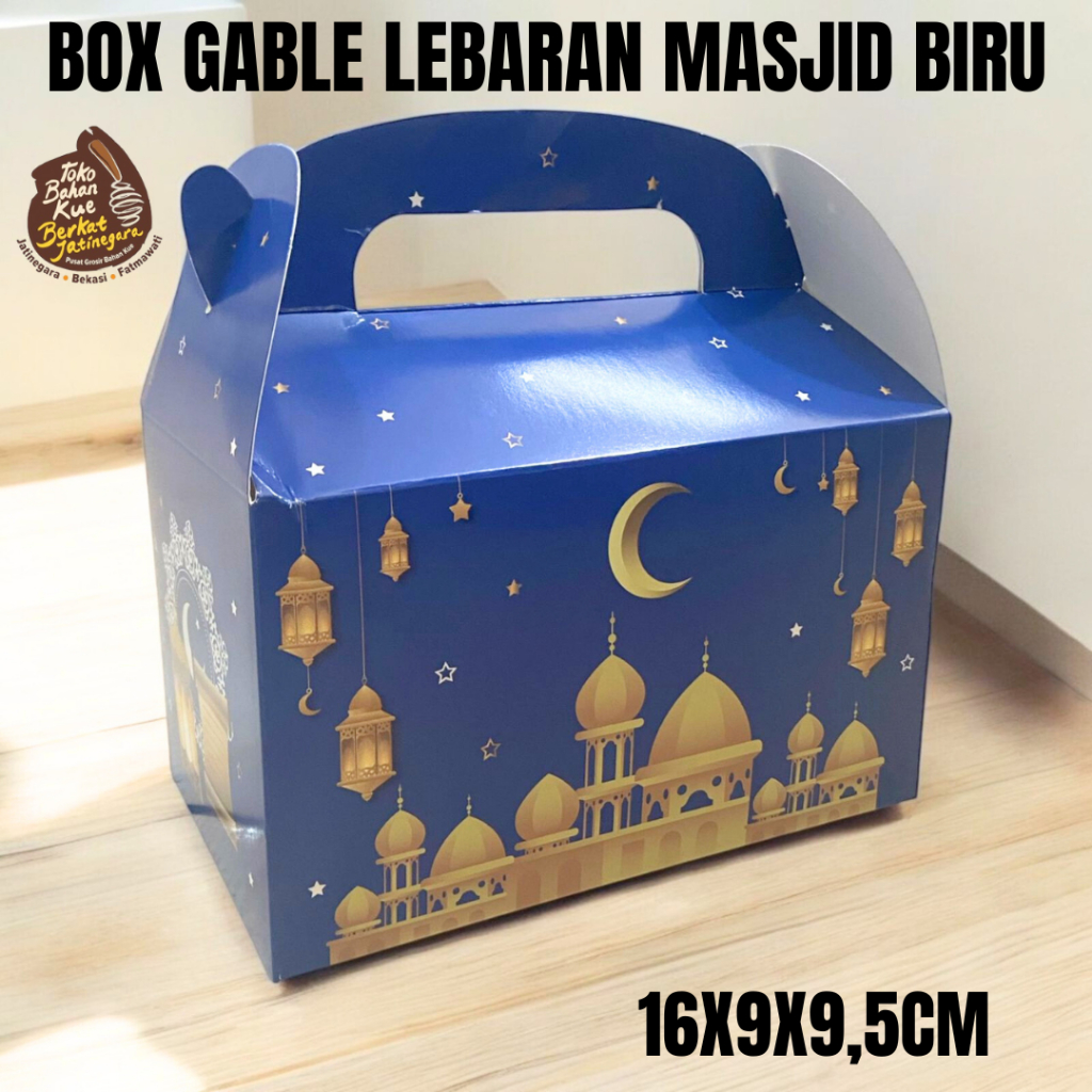 

BOX GABLE LEBARAN MASJID BIRU 16X9X9,5CM / BOX LEBARAN ISI 2 JAR 600 ML / DUS LEBARAN LUCU