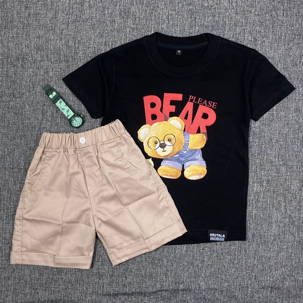 Setelan Baju Anak Laki-laki Celana Pendek Kaos Hitam Usia 1-8 Tahun
