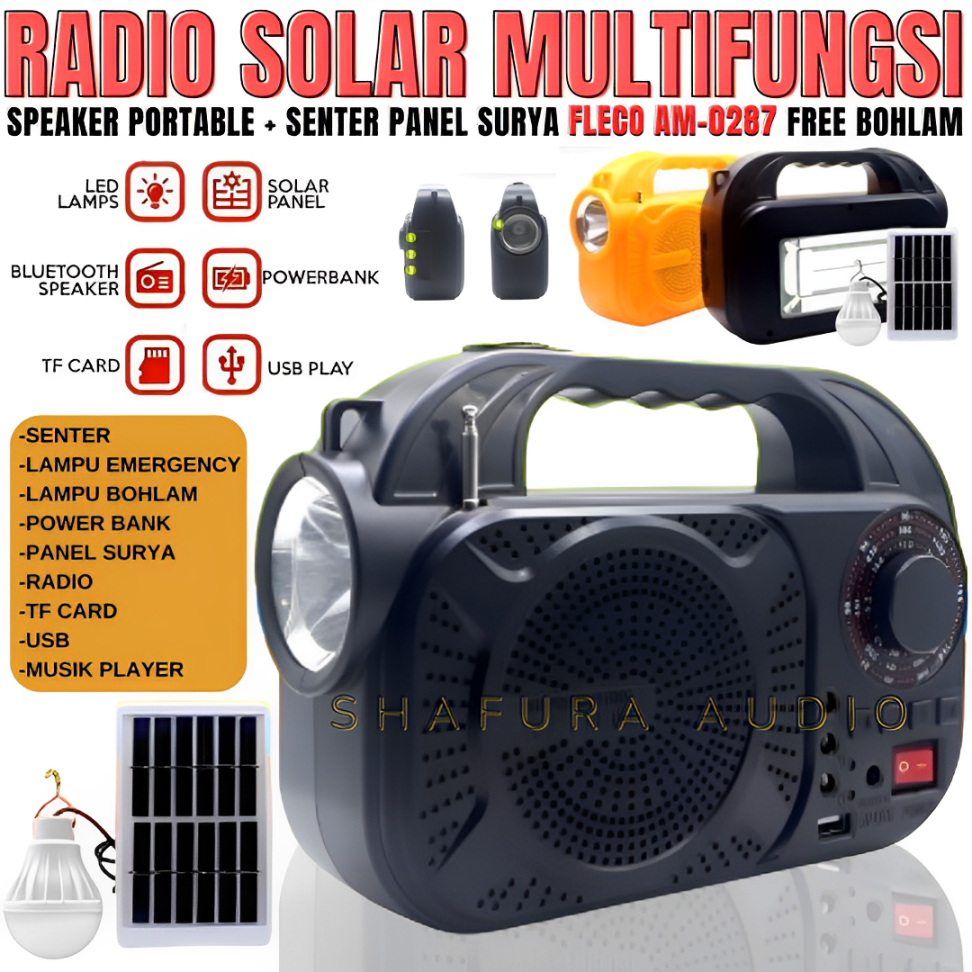 Speaker Portable + Senter Panel Surya Fleco Am-0287 Free Bohlam | Produk Unik Multifungsi Flashlight