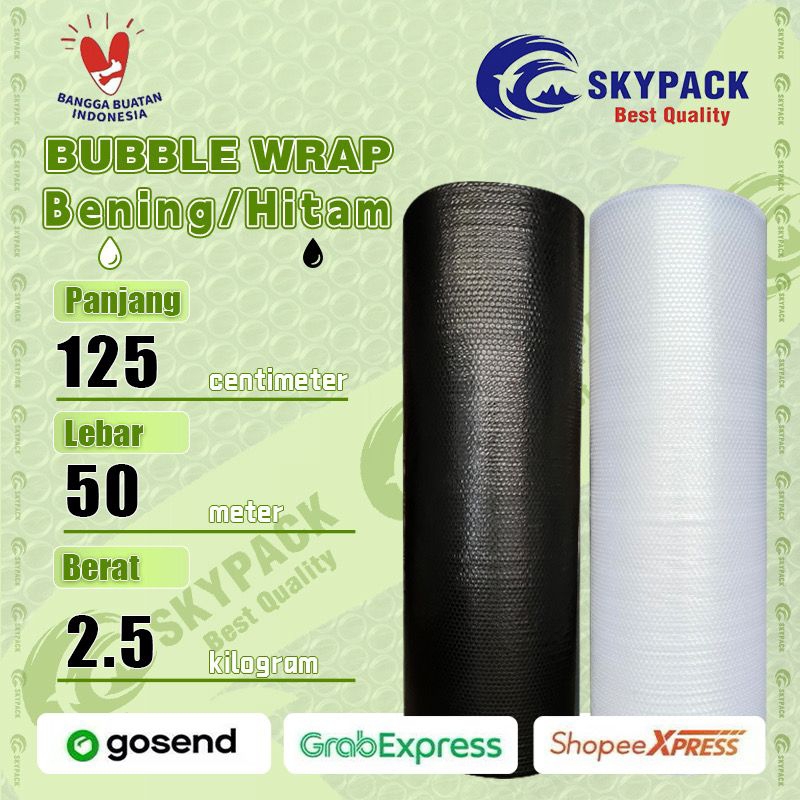 

SKYPACK Bubble Wrap Bening/Hitam 2.5kg Lebar 125cm Panjang 50meter Bubble 125cm x 50m