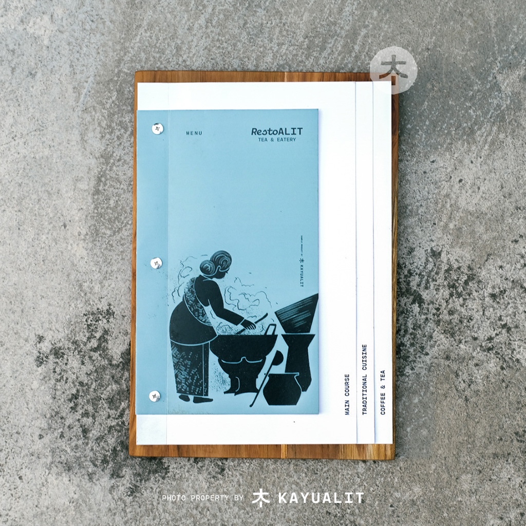 

Cover buku menu kayu jati perhutani / Menu Board / Wooden Book Menu / Resto / Model 3 Baut Samping