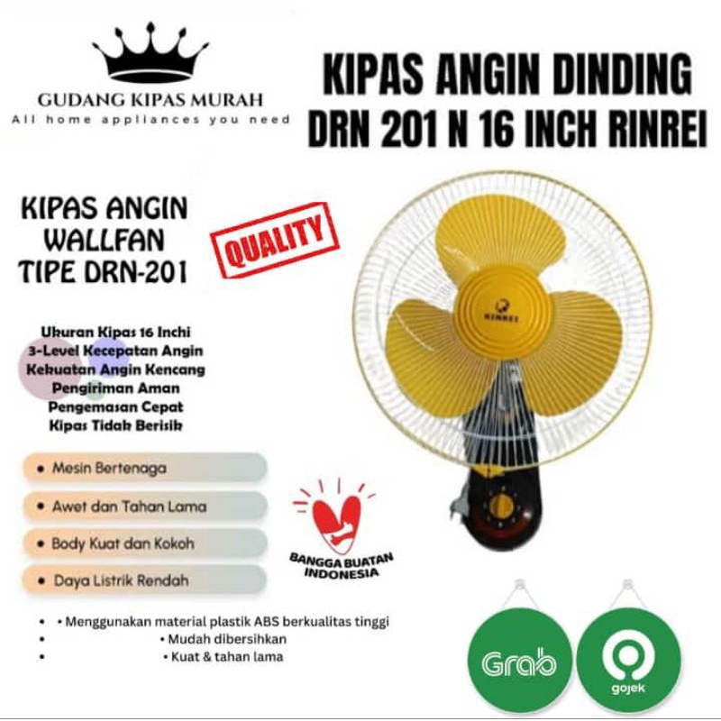 Rinrei DRN-201 Wall Fan 16 Inch Kipas Angin Dinding 3 Kecepatan Tali Tarik