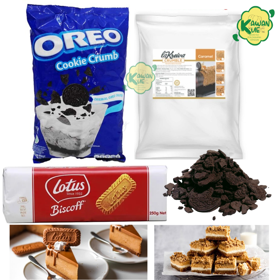 

TOPPING CRUMBLE DESSERT / REMAHAN BISKUIT / BISCOF LOTUS 250 GR / OREO CRUMB 1KG / LA KREIVA CARAMEL FINE 2,5KG