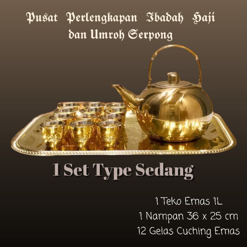 Teko Gold Emas 1 Set Gelas Teko Nampan Haji dan umroh Peralatan Stainless