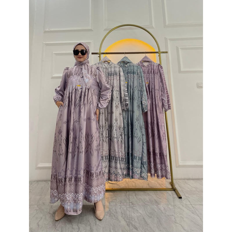 Gamis Armany brown digital motif JAGUNG GARIS DADA set hijab