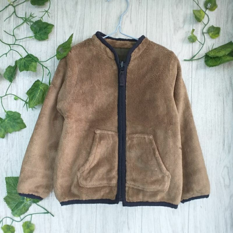 jaket anak sherpa bulak balik warna coklat-army