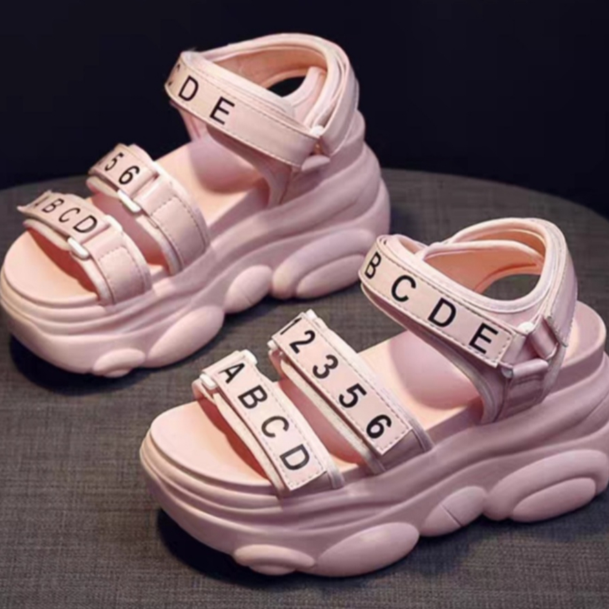 AND STORE - Sendal Sepatu Wanita Wedges Gunung Tripple Tali Velcro Motif Abjad ABC Bahan Kanvas Hak 