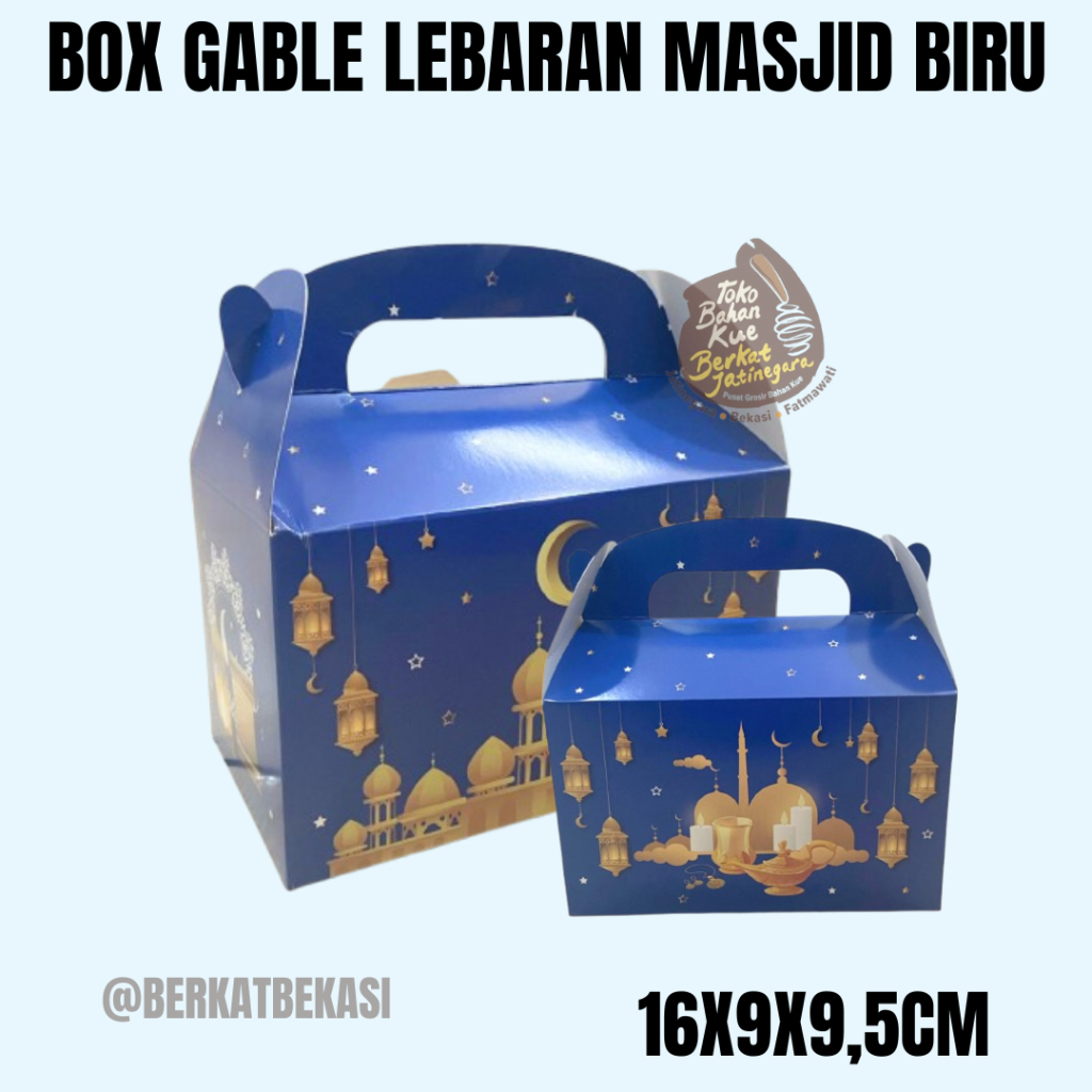 

BOX GABLE LEBARAN MASJID BIRU 16X9X9,5CM / BOX LEBARAN ISI 2 JAR 600 ML