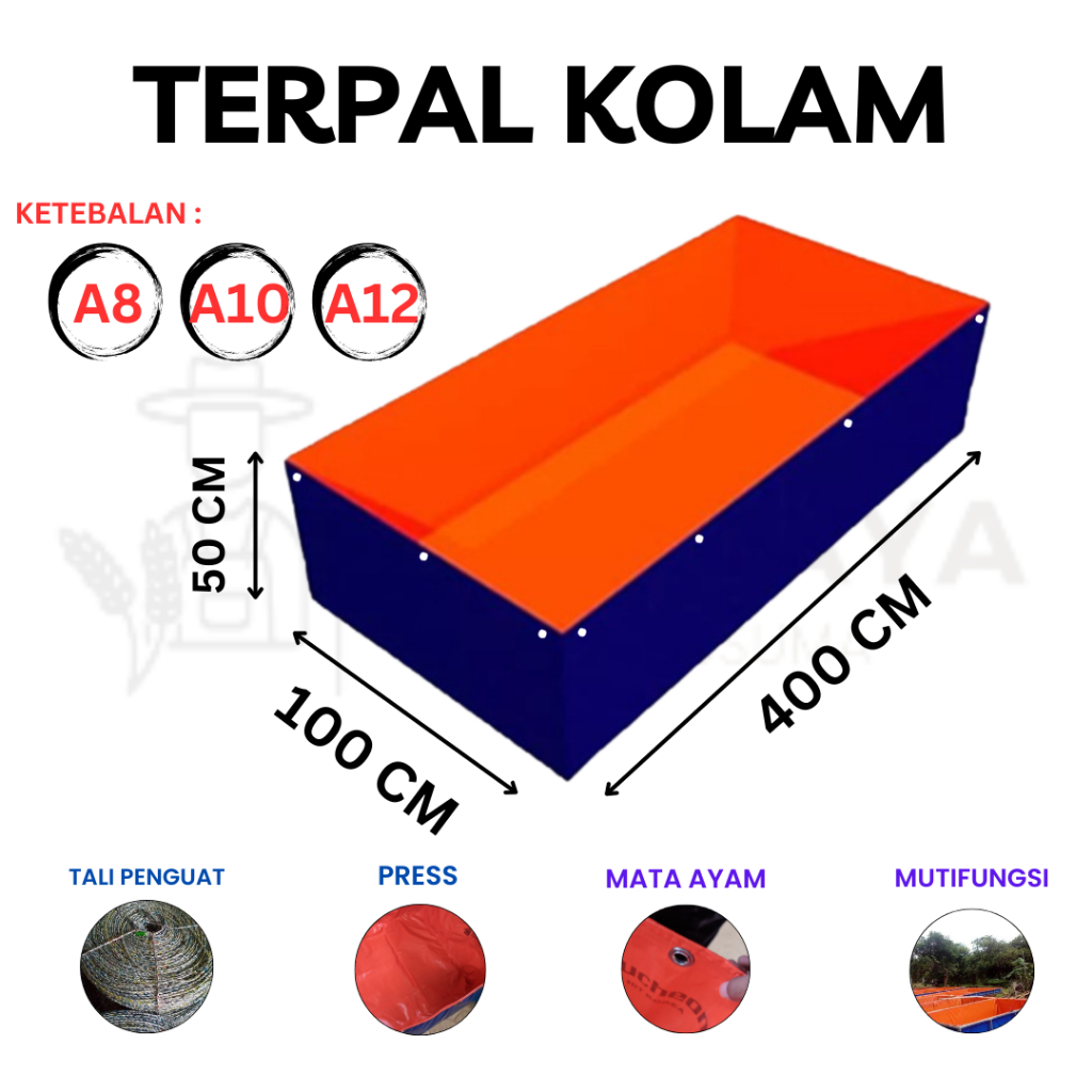 Terpal Kolam Terpal Ikan Kotak 400x100x50 - A8 A10 A12 - 100x400x50 - 4x1x0,5 Untuk Budidaya dll