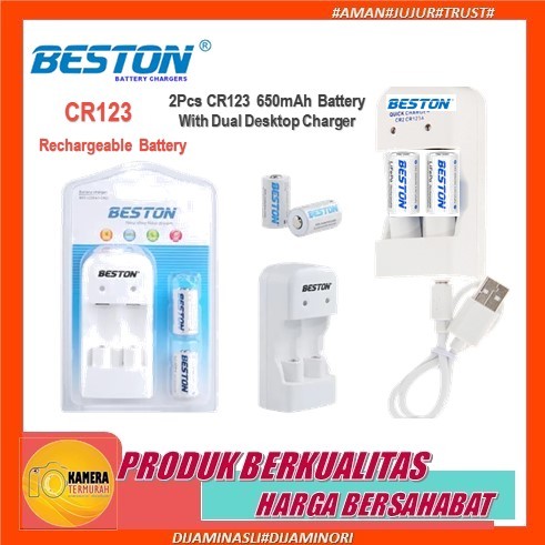 Beston Rechargeable Battery (Baterai Cas) CR123 / CR 123A 650mAh 2pcs