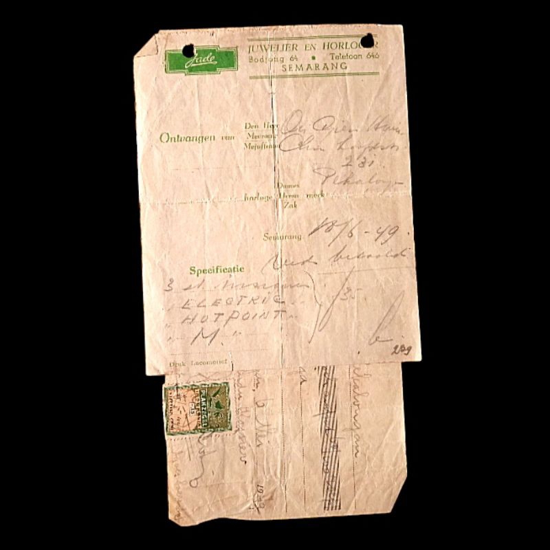 

Antik Kwitansi Lama JUWIJER EN HORLOGER Bodjong Semarang 1949