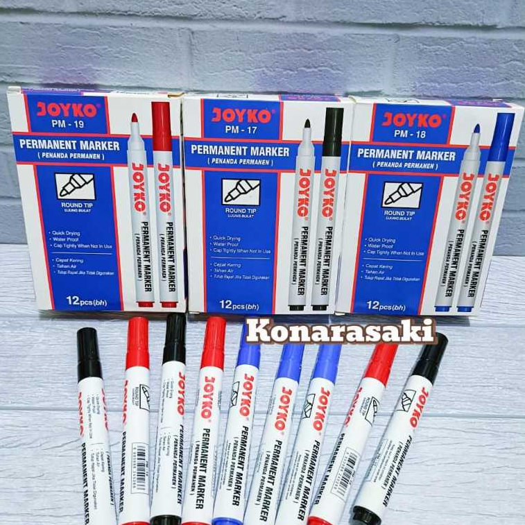 

1 PAK 12 pcs) Permanent Marker PM-17 / Spidol Permanent Joyko hitam- merah- biru