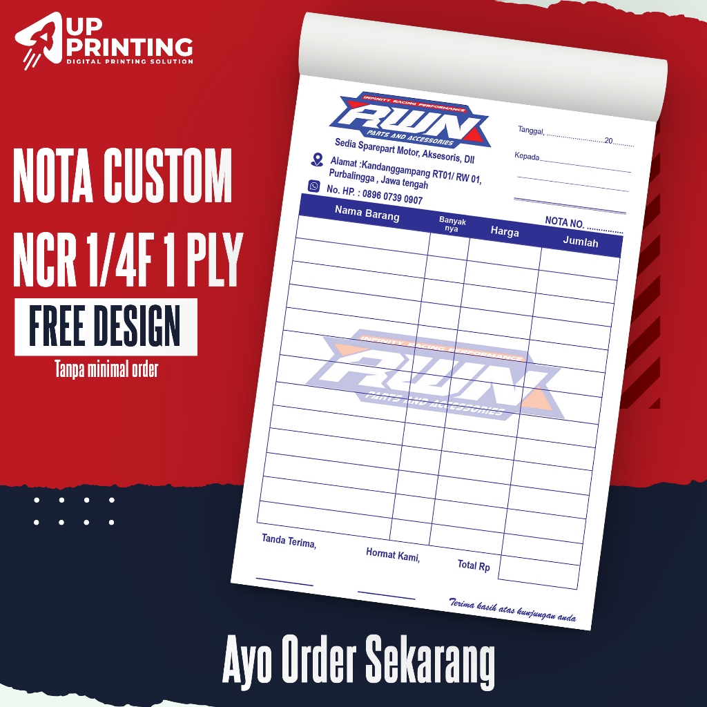 

CETAK NOTA CUSTOM NCR 1 RIM 1PLY UKURAN 1/6F 1/4F 1/3/F 1/2F